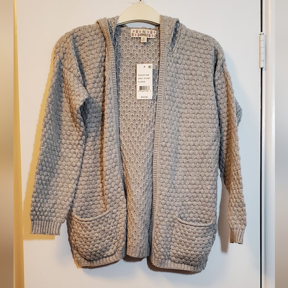 16 XL Juniors Pink Republic Knit Gray & Metalic Open Front Cardigan NWT